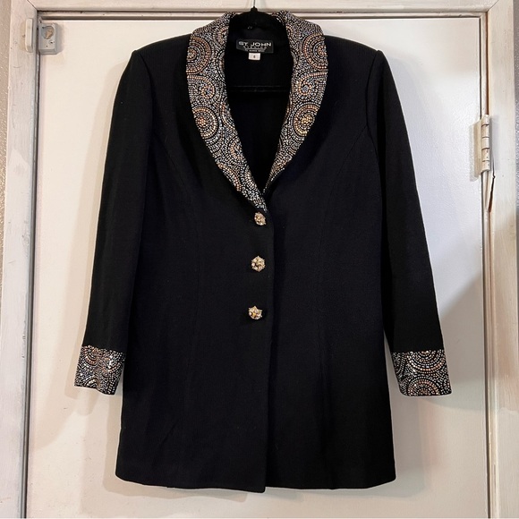 St. John Evening Jacket Blazer Long Line Bling Rhinestones Gold Black Silver 6 - Picture 1 of 15